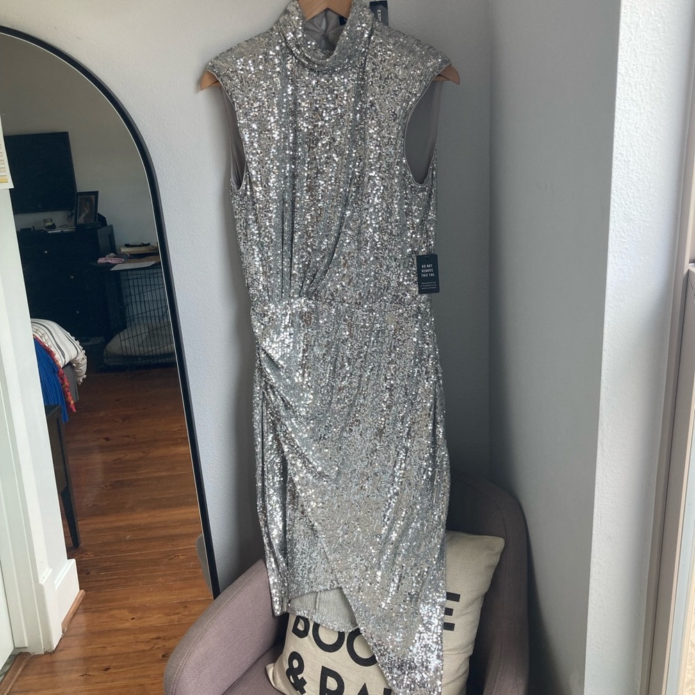 NWT Express Sequin Asymmetrical Mock Neck Dress in Silver M